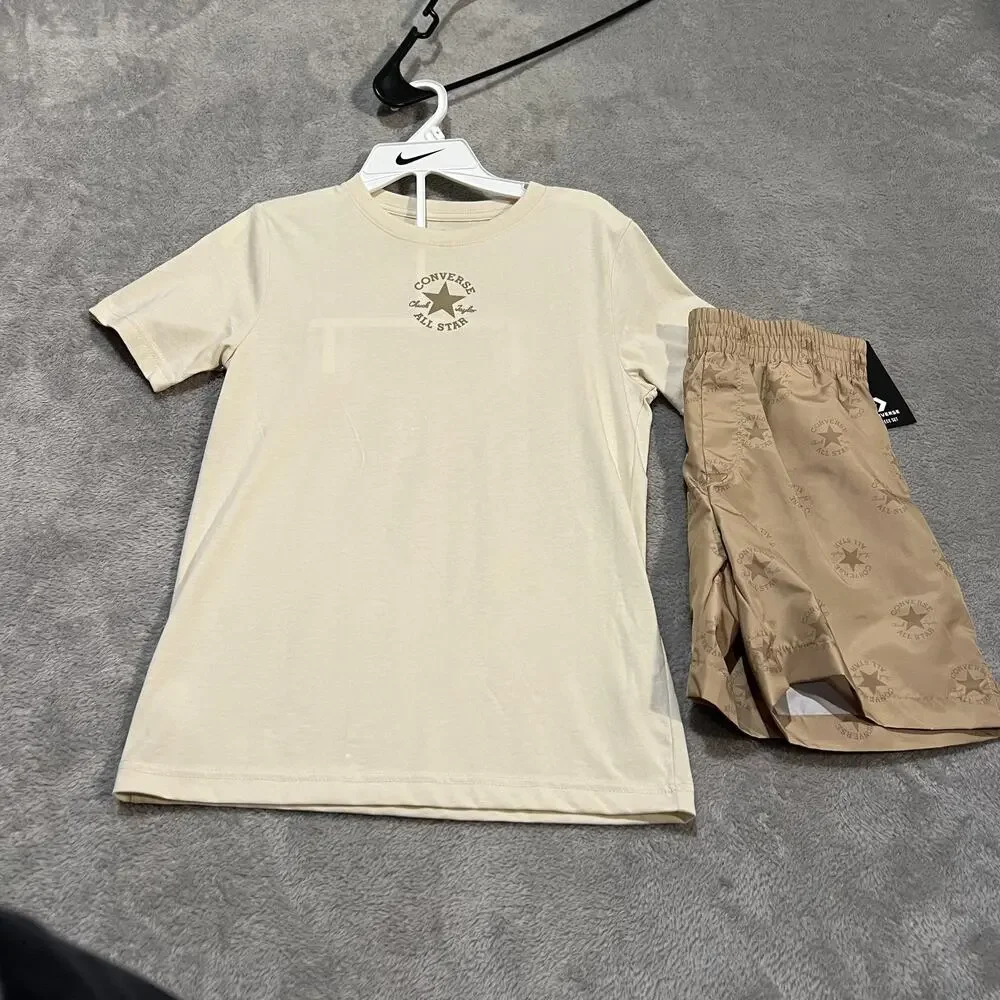Converse Shirt Shorts Set Boys M Beige All Star 2 Piece Athletic Outfit New